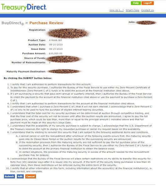 How To Buy Treasury Bills - Review Screen on Treasury Direct