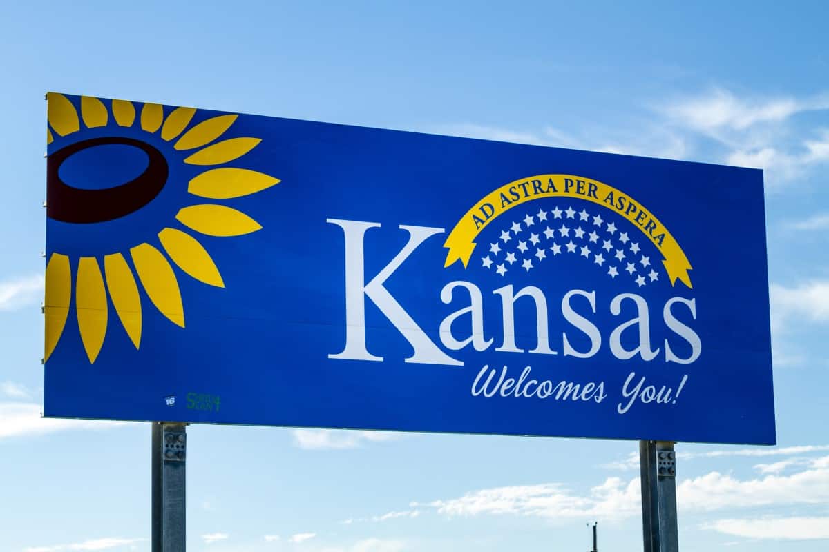 Welcome to Kansas state sign on highway upon entering state border of Kansas