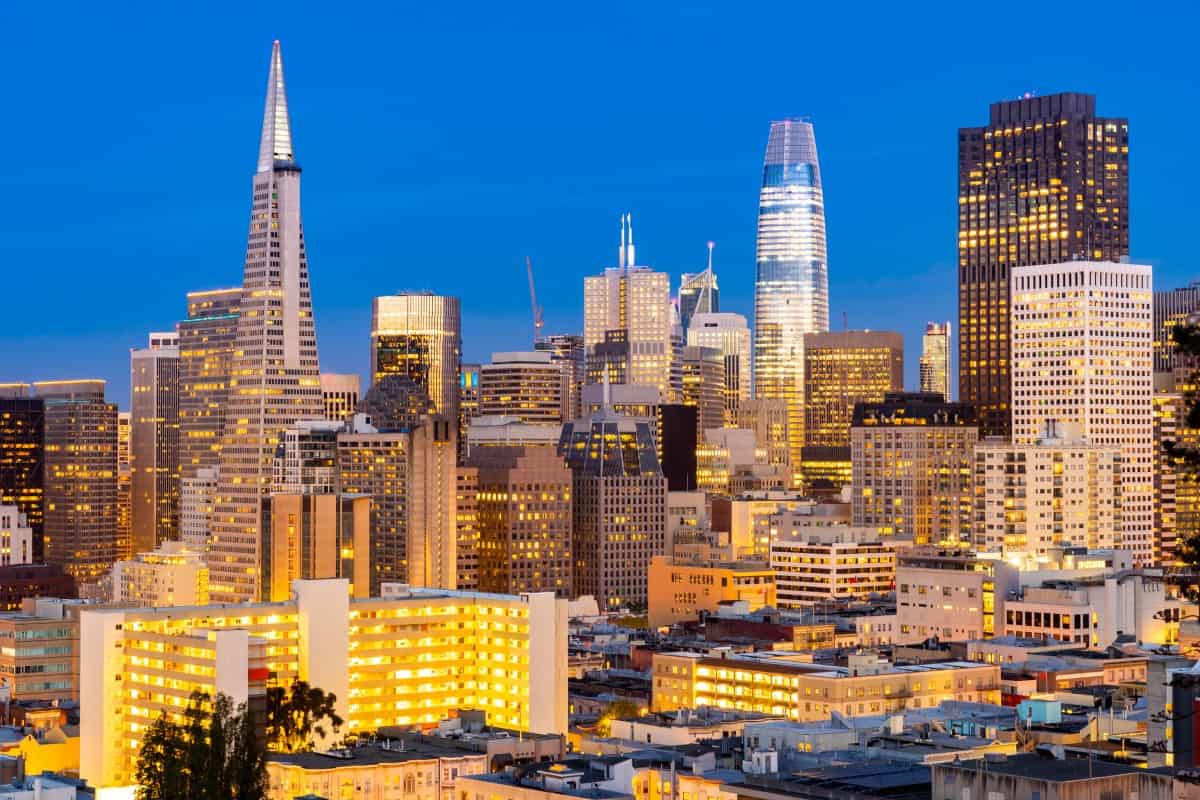 San Francisco downtown skyline Aerial view at sunset from Ina Coolbrith Park Hill in San Francisco, California, USA.