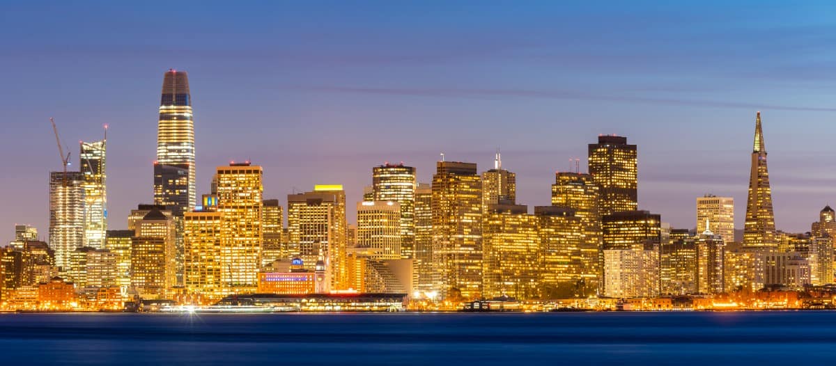 San Francisco downtown skyline at dusk from Treasure Island, California, sunset, USA. Panorama