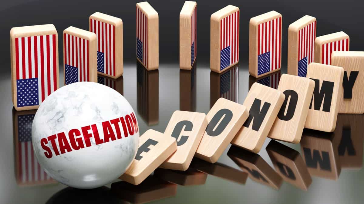 USA and stagflation, economy and domino effect - chain reaction in USA economy set off by stagflation causing an inevitable crash and collapse - falling economy blocks and USA flag, 3d illustration