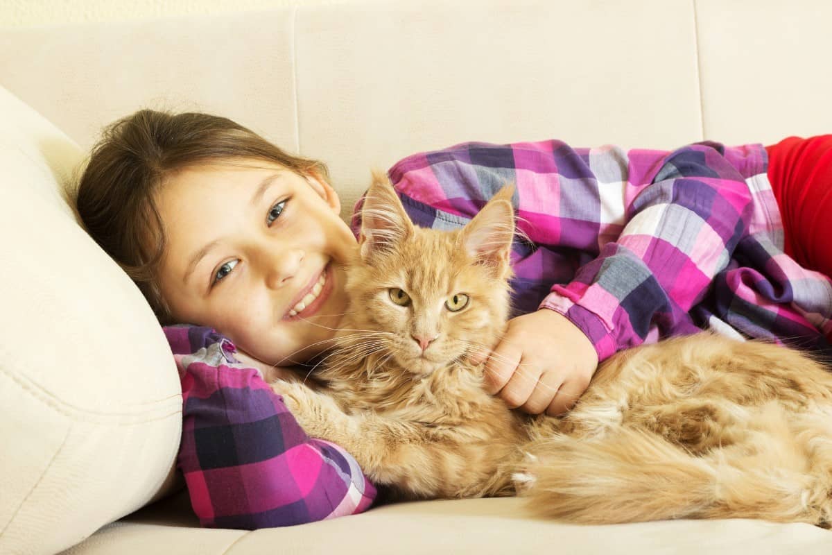 Child hugging kitten