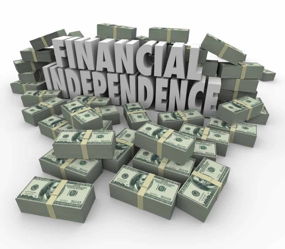 Financial Independence 3d words in piles of cash 