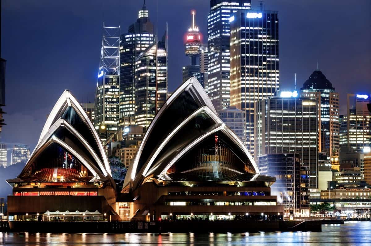 Sydney Harbour with Sydney opera house at night, Australia