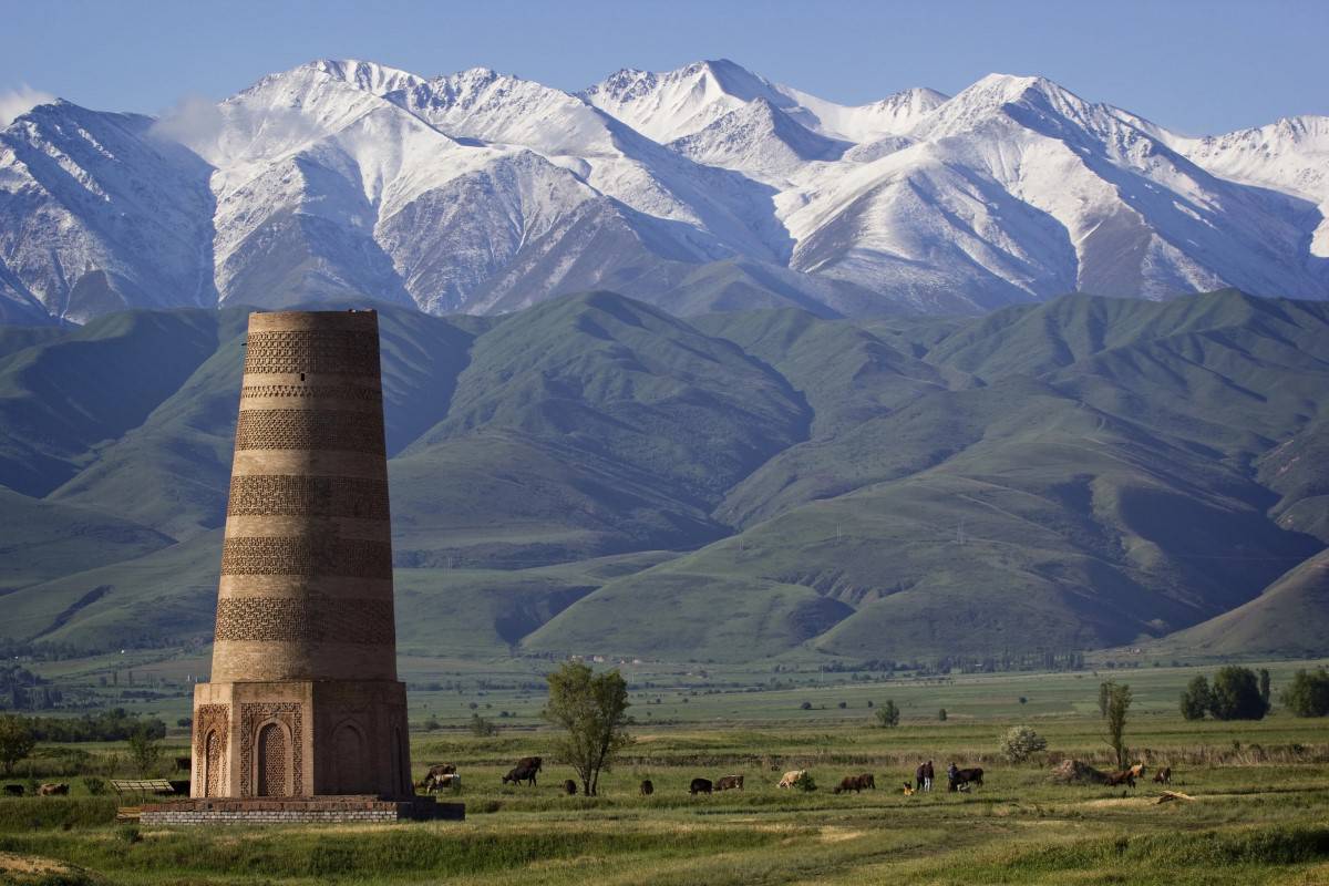 Ancient Burana tower located on famous Silk road, Kyrgyzstan 