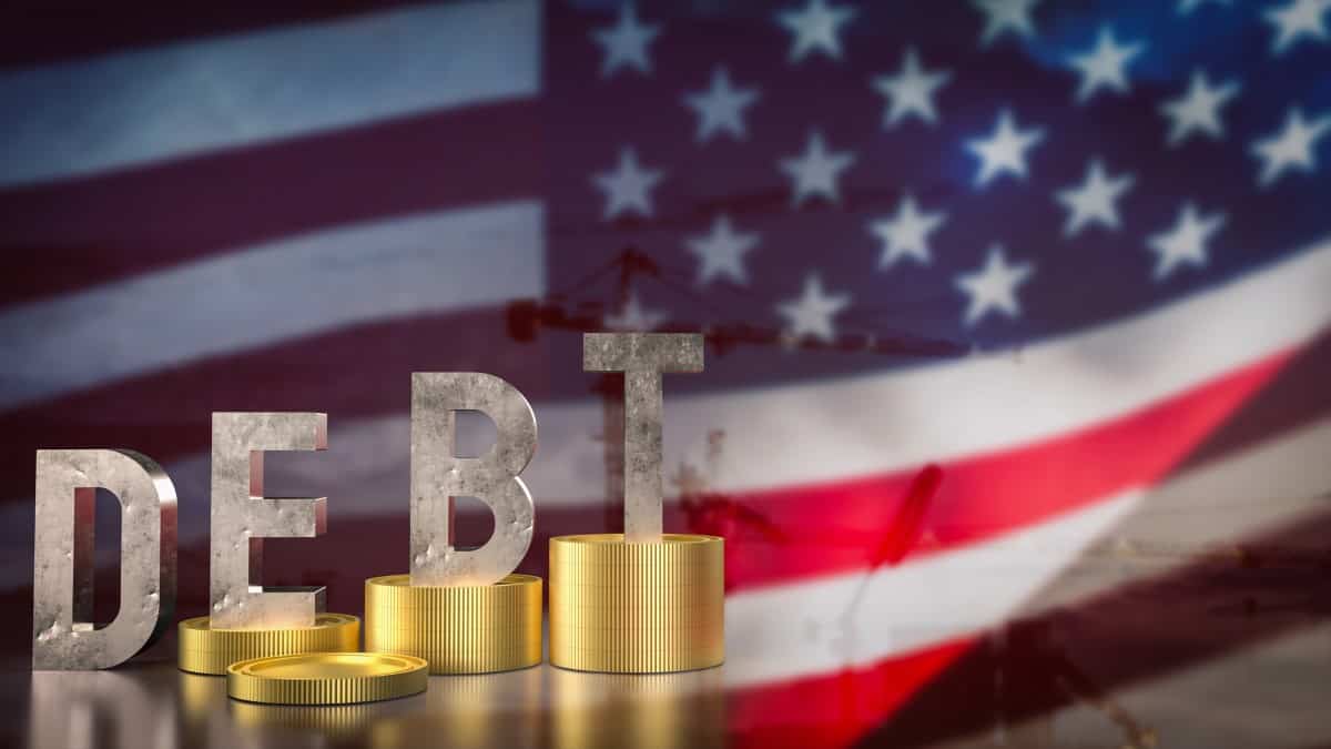 The debt and coins on USA flag for Business concept 3d rendering