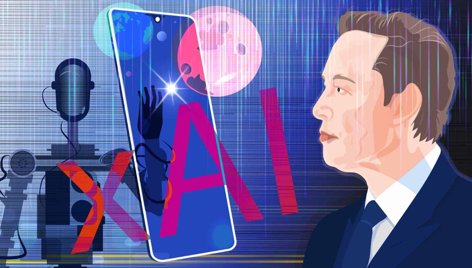 Elon Musk founded xAI. Elon Musk portrait, robot and xAI inscription.