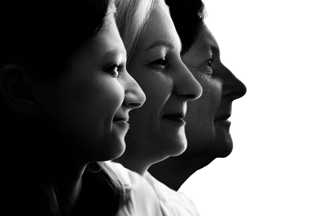 Black and white portraits of family portrait of three generations of women