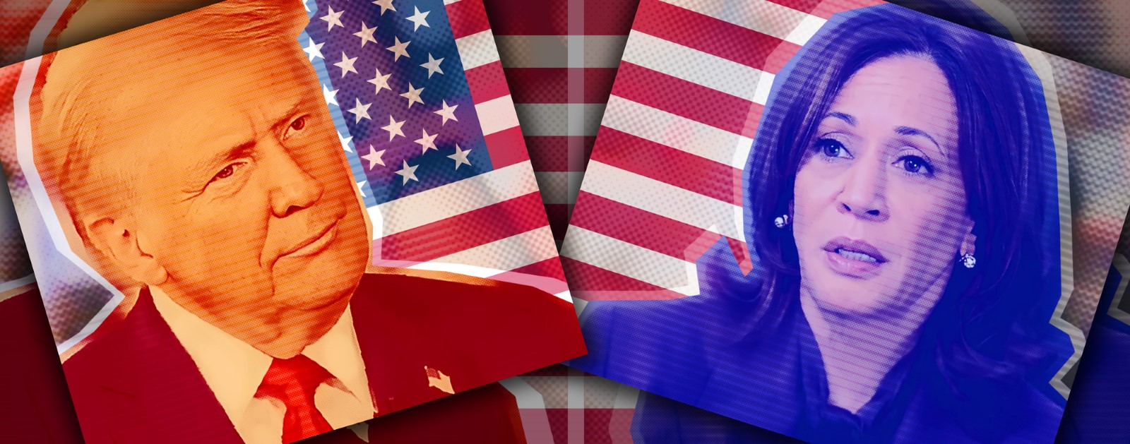 Senate Passes Trump’s “No Tax on Tips” Plan - Kamala Endorsed It, Voters Didn’t Buy It 1 Photo collage with halftone effect. Photo illustration Portrait of Donald Trump and Kamala Harris against the background of the American flag.