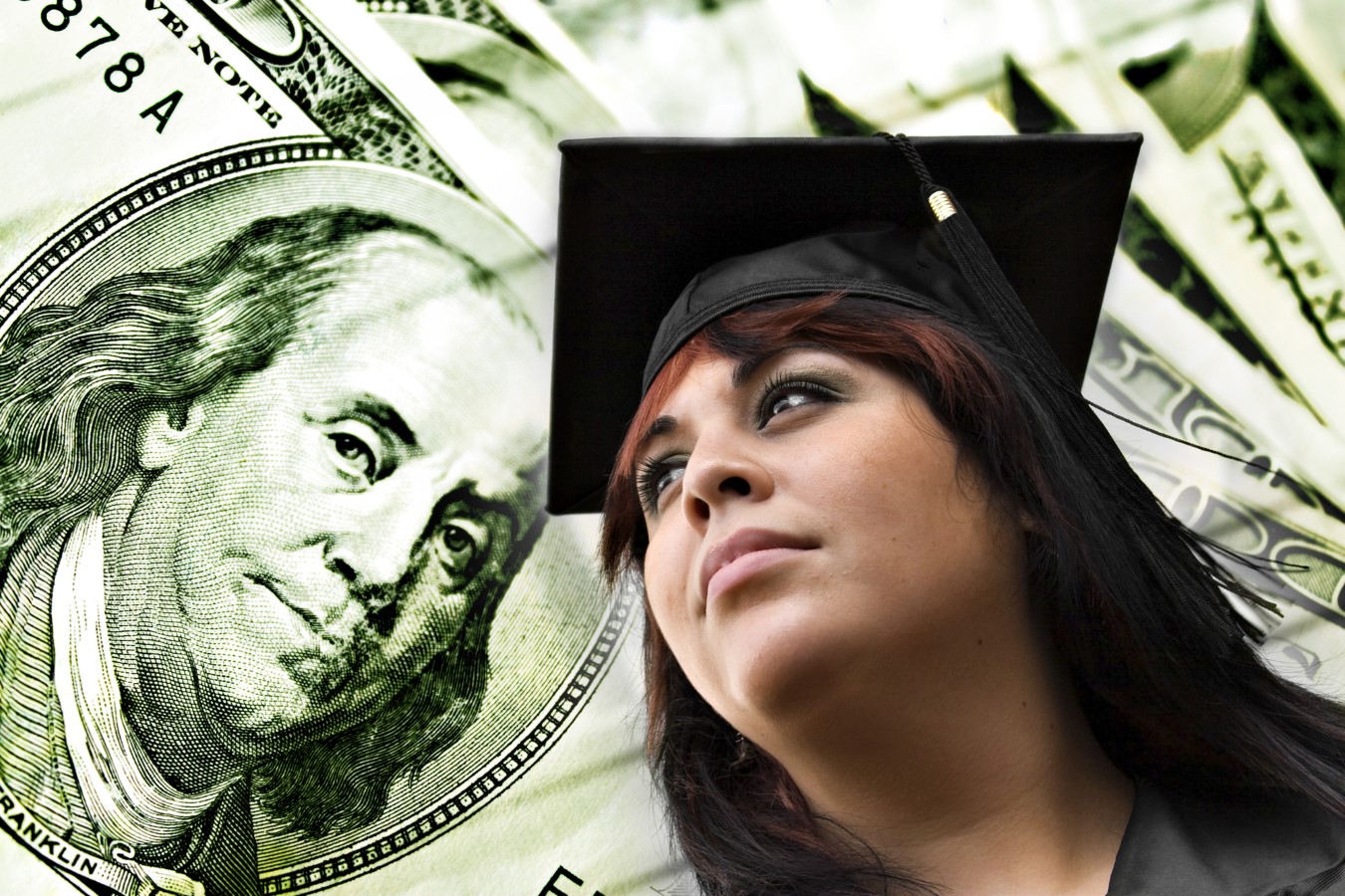 Student Loan Delinquencies Surge After 5-Year Pause With Millions Facing Credit Score Hits as Collections Resume 1 A closeup of a female graduate in her cap and gown in front of a money background. Great conceptual image for scholarships college loans or projected career earnings.