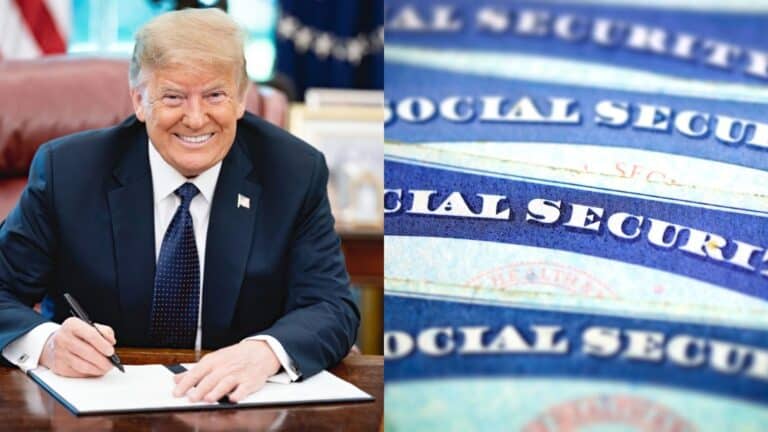President Trump signs an official document and Social Security Cards