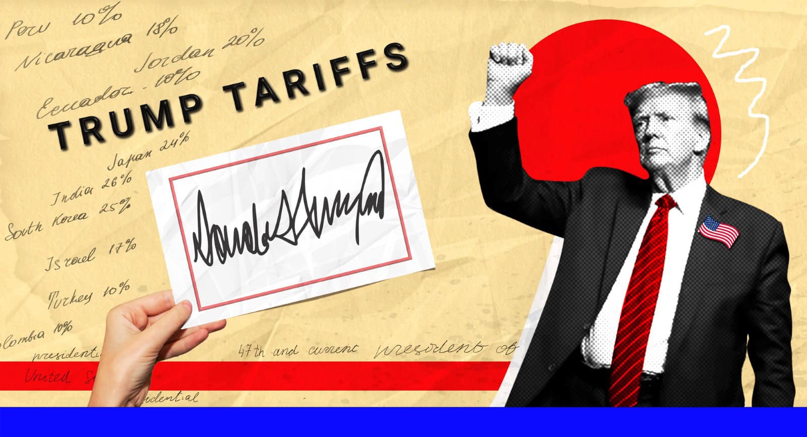 Trump Tariffs Donald Trump with a raised fist up and a hand holding a plaque with Trump's signature