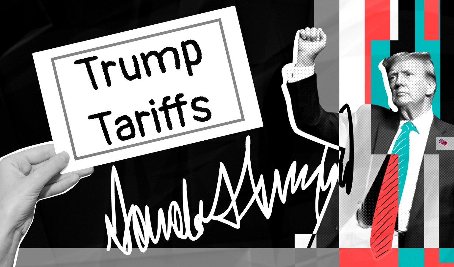 Trump Tariffs Donald Trump with raised fist and hand holding Trump signature sign