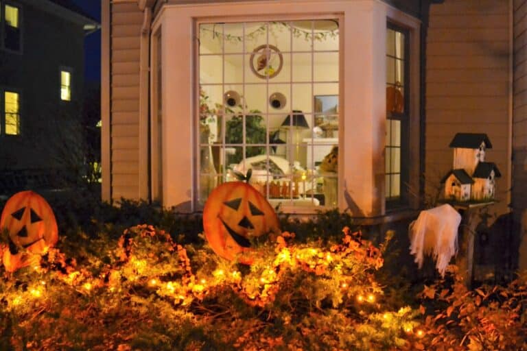 American house decorated for Halloween night
