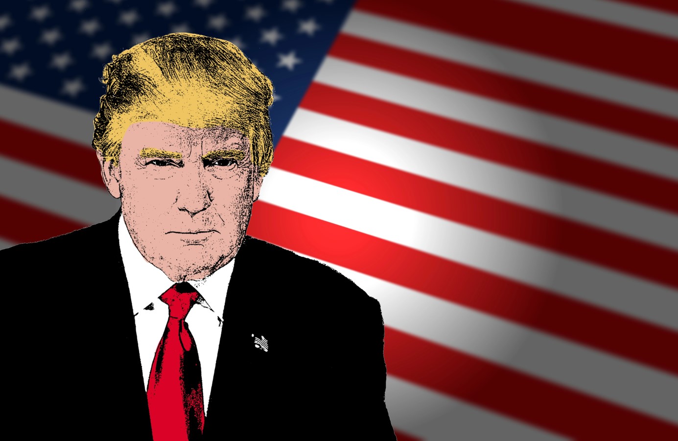 Illustration of Donald Trump on an American flag background