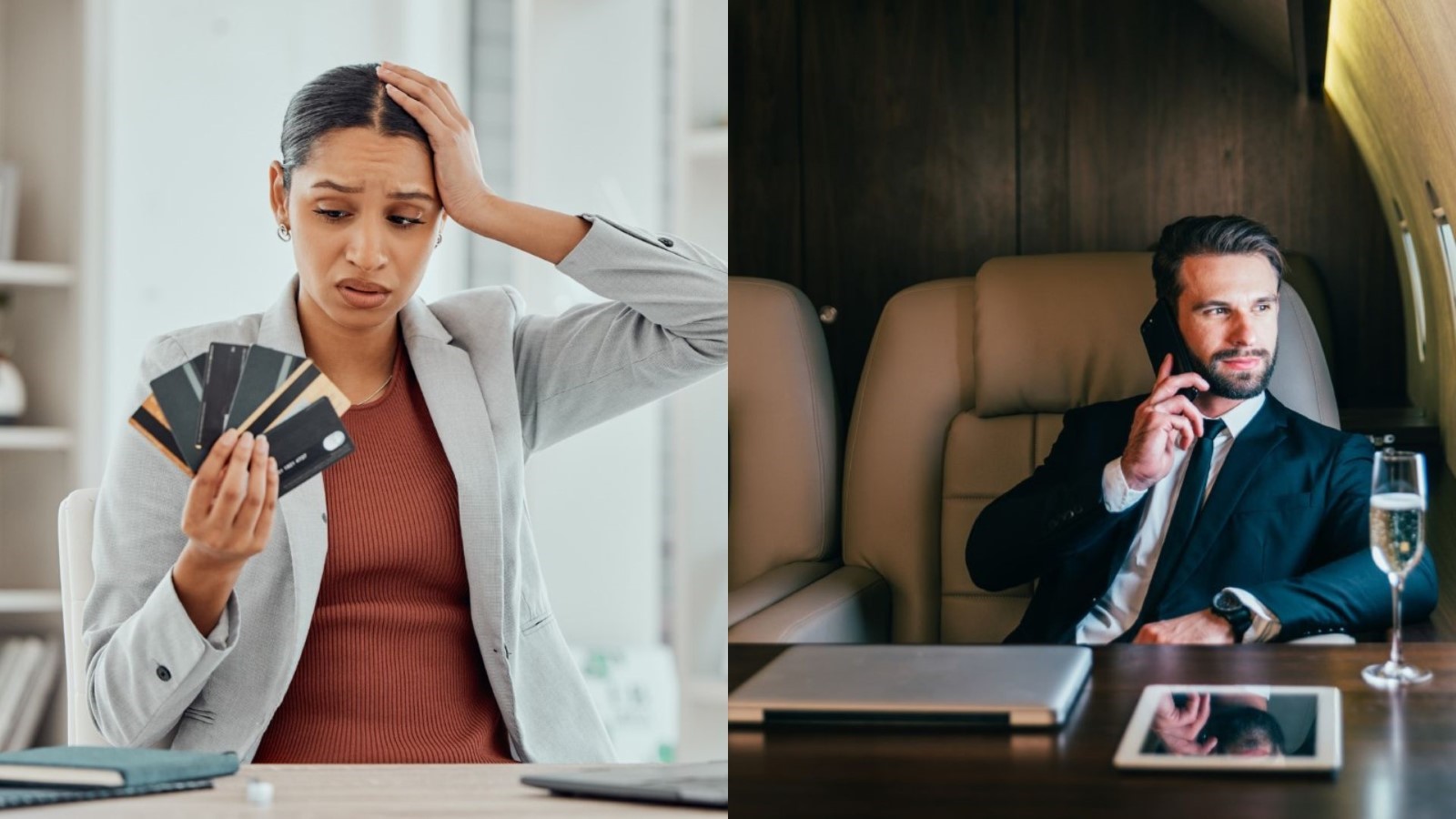 Depositphotos 600227544 L Woman with credit cards Photo by PeopleImages.com and Depositphotos 209421084 L Businessman on jet Photo by oneinchpunch