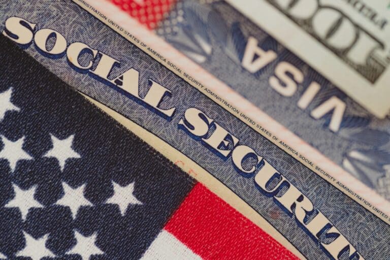 US Flag. Social Security Card. VISA of the United States of America