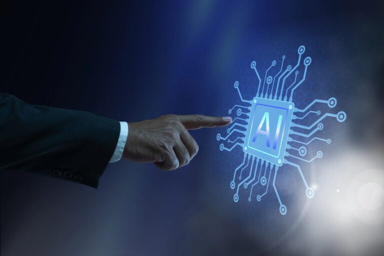 Businessman touching neural network microchip for Artificial Intelligence