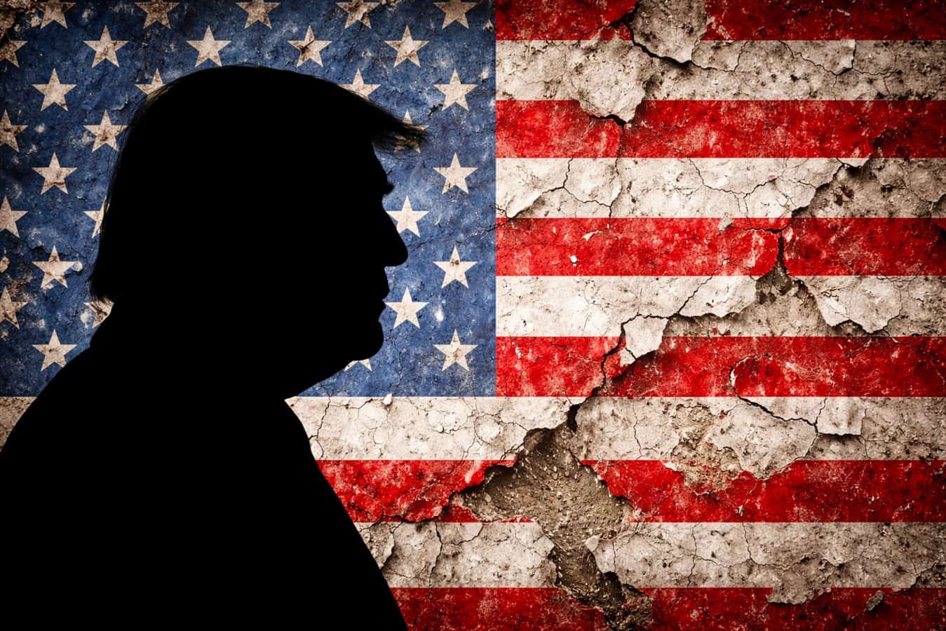 Silhouette of Donald Trump in profile against the background of a distressed American flag