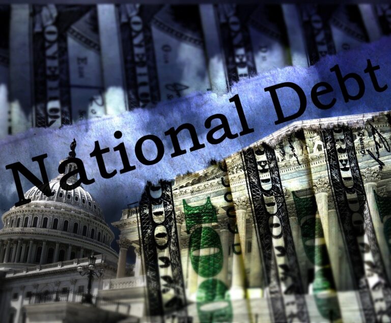 The US Capitol in Washington DC with National Debt text and dollar bills