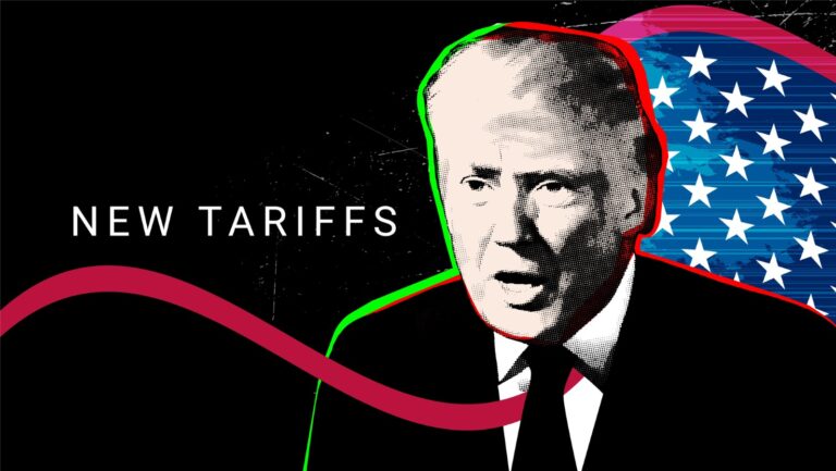 Portrait of Donald Trump against the background of the American flag and the text of the new tariffs