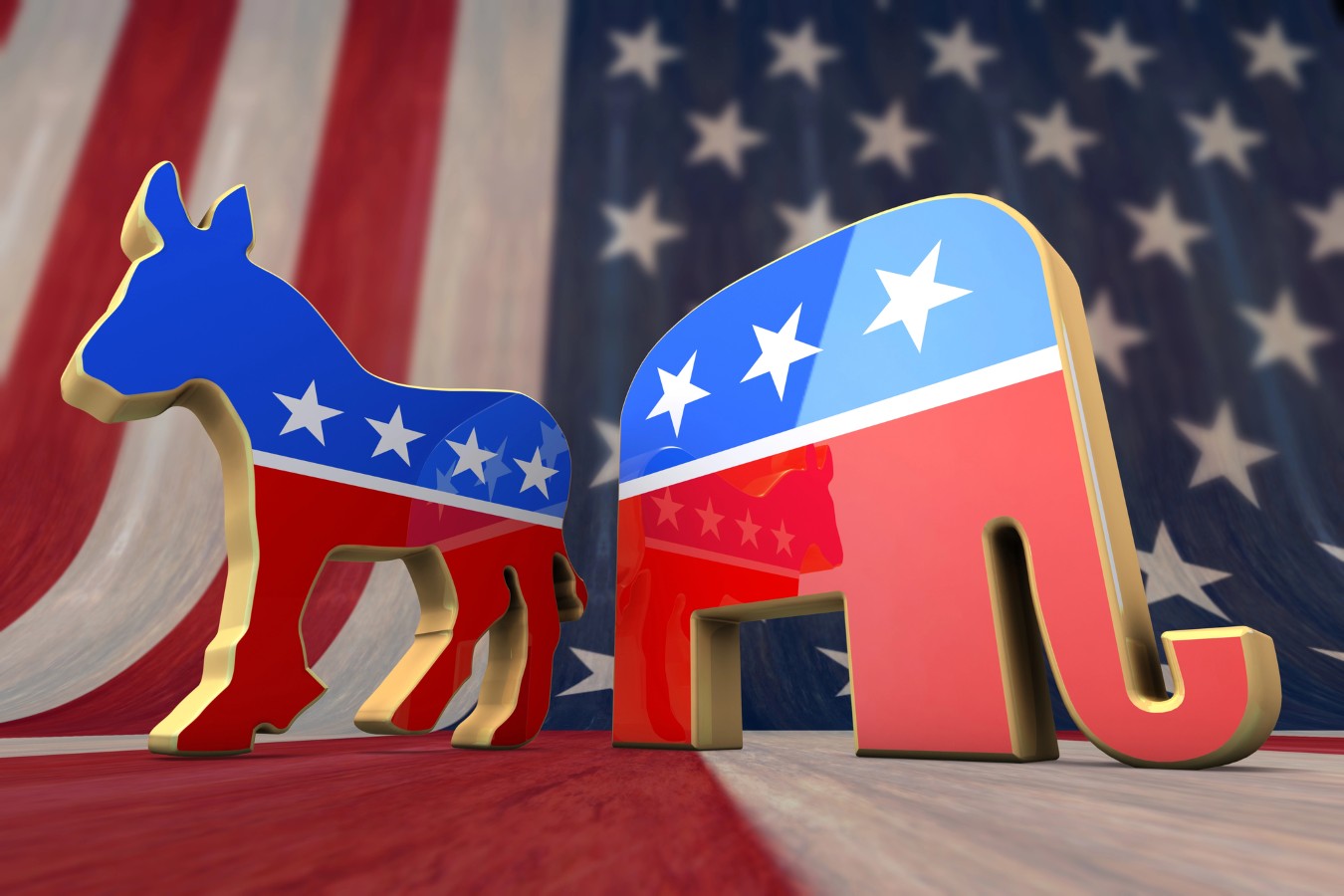 Democrat Party and Republican Party Symbol on an American Flag 